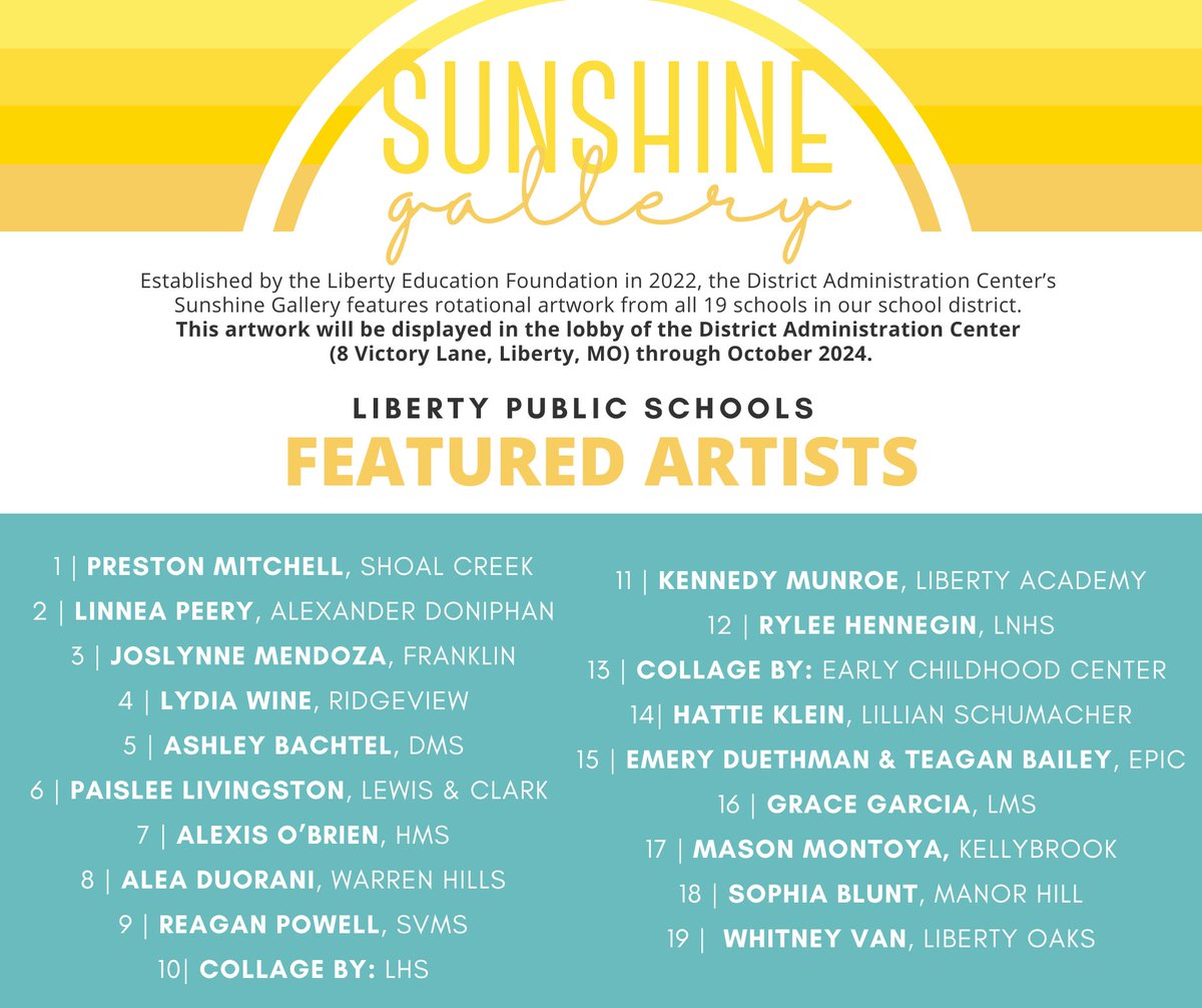 LibertyEdFdn's tweet photo. Working on your summer bucket list? Add visiting the Sunshine Gallery at the @LIBERTYSCHOOLS District Administration Center (8 Victory Ln) to the list! The Gallery features rotational artwork from all 19 schools in our district. Thank you to our featured artists!  #shinebrightlps https://t.co/ow3DOmYmrW