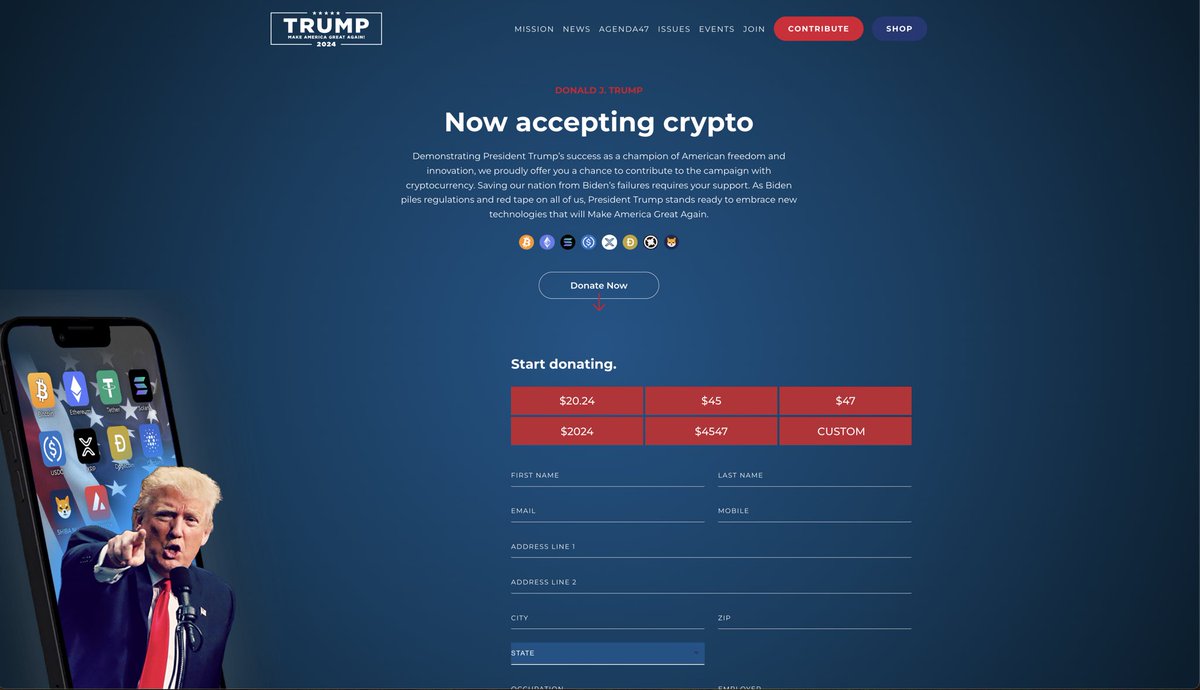 JUST IN: 🇺🇸 Donald Trump officially accepts #Bitcoin and crypto for presidential campaign donations.
