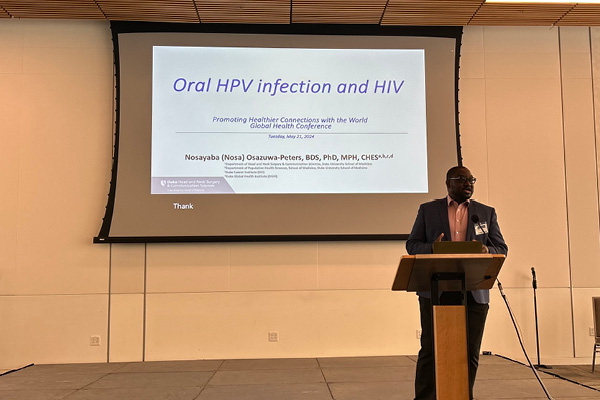Nosayaba Osazuwa-Peters, BDS, MPH, PhD presenting on "Oral HPV Infection and HIV" <a href="/DukeCancer/">Duke Cancer</a> <a href="/DukeGHI/">Duke Global Health</a> #HealthierConnections2024 #papilomavirus #HPV #globalhealth