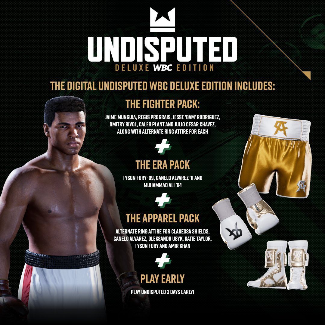 PlayUndisputed's tweet image. Undisputed Digital Deluxe WBC Edition. 

More fighters, more outfits, and 3-day early access. 

Pre-order now: playundisputed.com