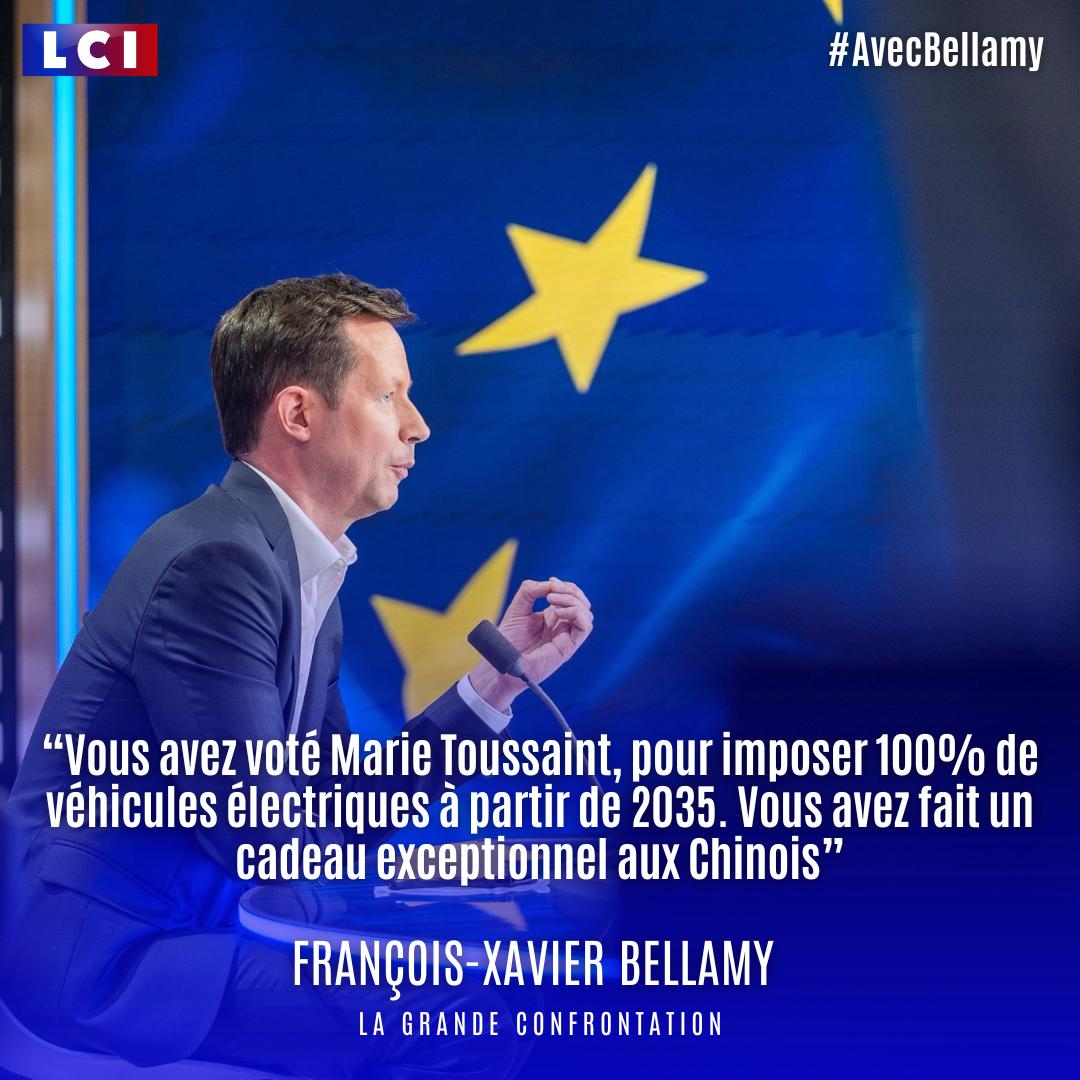 'Vous avez voté Marie Toussaint, pour imposer 100% de véhicules électriques à partir de 2035. Vous avez fait un cadeau exceptionnel aux Chinois'

#LaGrandeConfrontation 
#TousBellamy 
#AvecBellamy