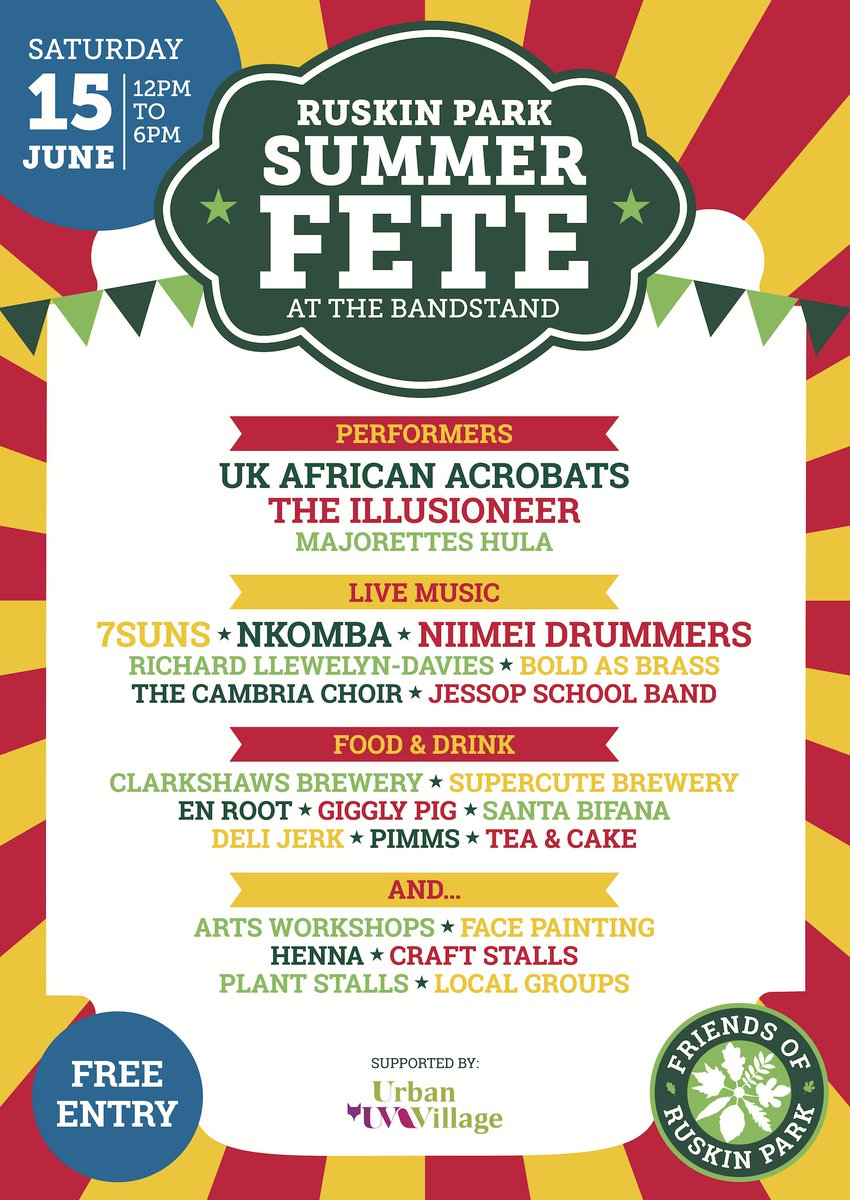 Join us at the Ruskin Park Summer Fete on Saturday 15th June for 🎵music 🎪street performers 🎨 arts workshops 🐯 face painting 😋 food 🍻 drinks 🧺 stalls and more…

friendsofruskinpark.org.uk/summerfete