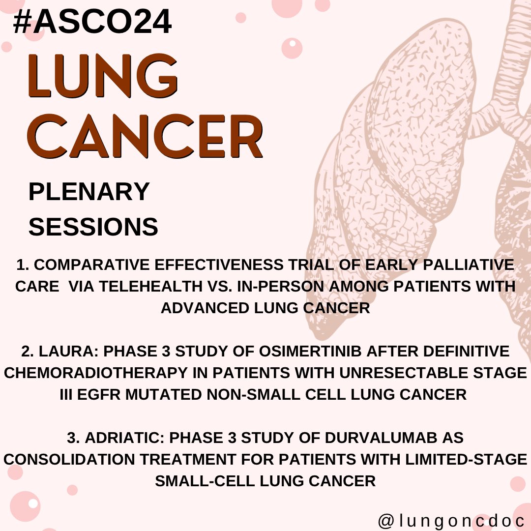 Excellent thread from my #lcsm friend @ADesaiMD on his top 5 #ASCO24 lung cancer abstracts! 🔥🫁 #ICYMI - This year’s #ASCO24 plenary session will feature THREE lung cancer trials!! @OncoAlert @ASCO 👇🏽👇🏽