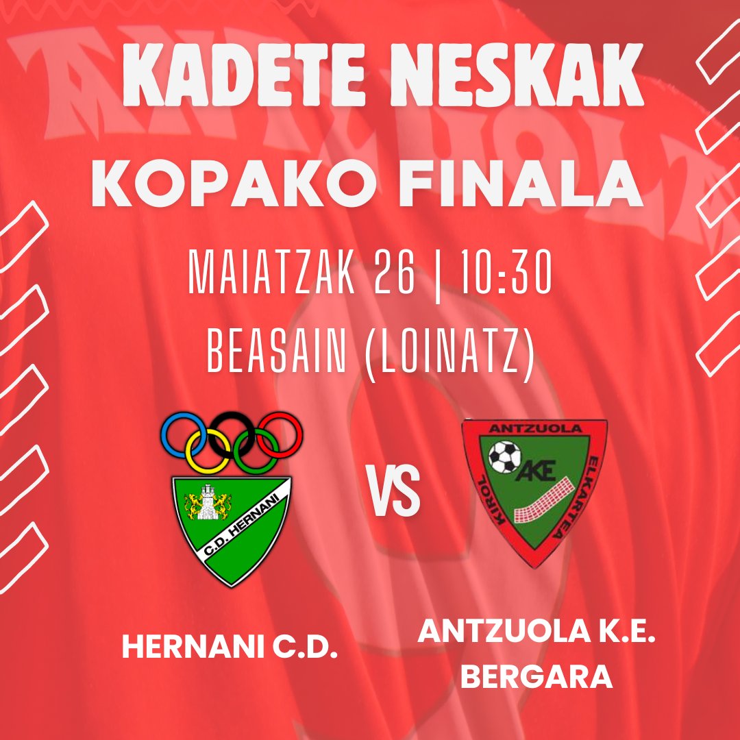 🏆 FINALA

Antzuola eta Bergarako neskek osatzen duten Kadete taldeak KOPAKO 𝗙𝗜𝗡𝗔𝗟𝗔 jokatuko du asteburu honetan Beasainen. Zorte on eta garaipenaren bila! Eutsi neskak!!