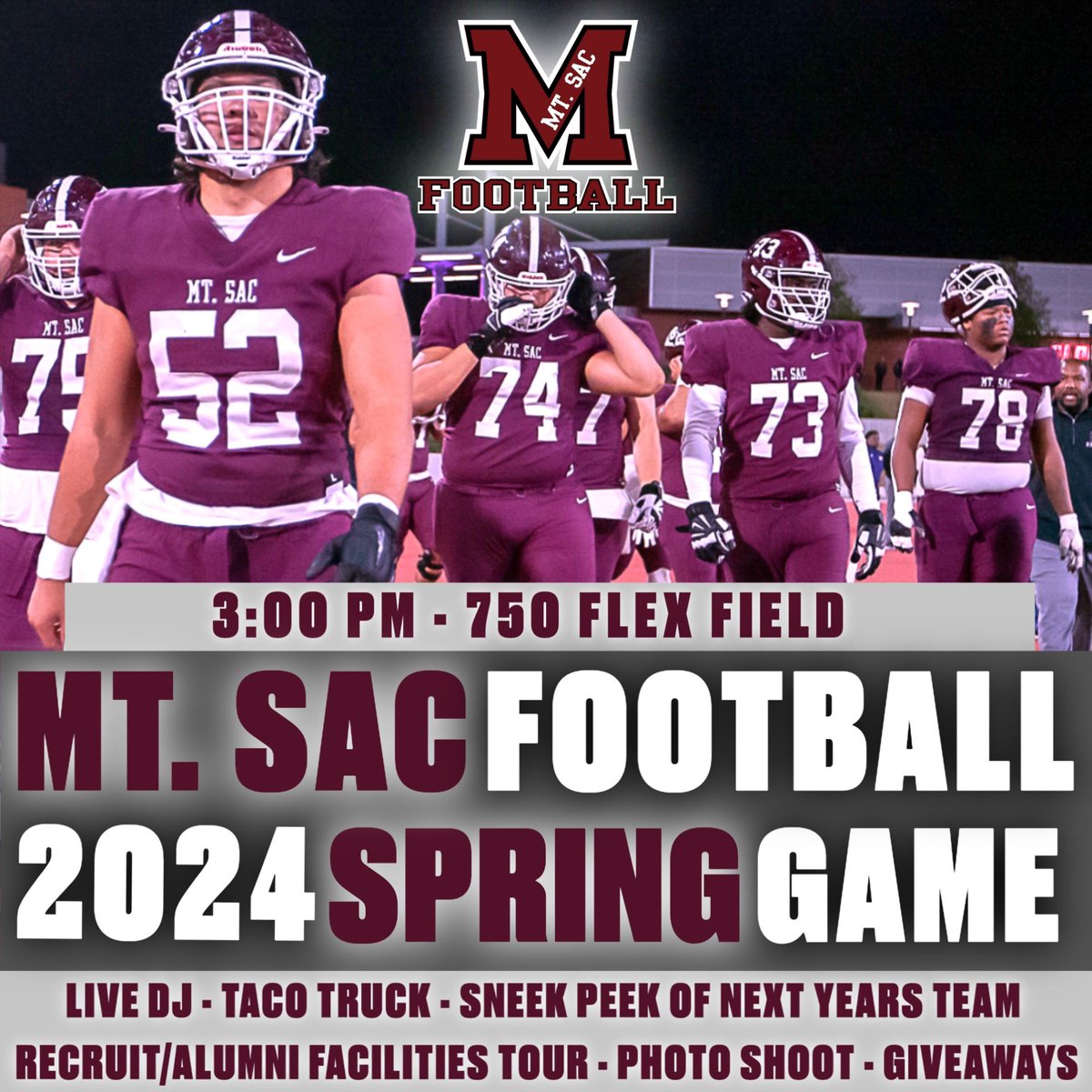 Don't miss out on the Mt. SAC Football 2024 Spring Game May 30th @ 3pm. Enjoy Tacos, a live DJ, a Photobooth, and giveaways as you get a sneek peek of the 2024 Football Team. Don't miss out! #SACDAWGS4LIFE #BORN2WIN #WhereTheBestAthletesCompete #MtSACFootball2024SpringGame