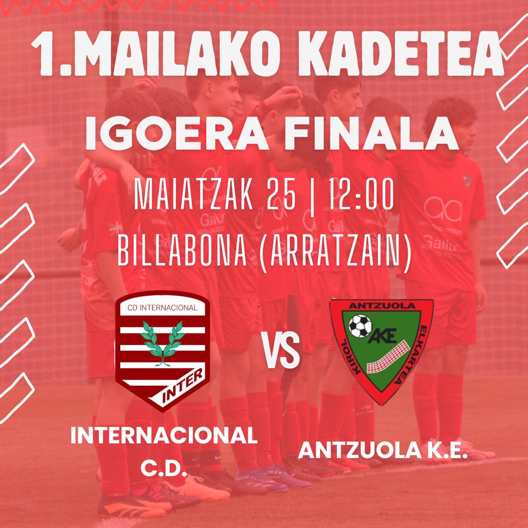 🏆 IGOERA FINALA

Gure kadete mutilen taldeak mailaz igotzeko 𝗙𝗜𝗡𝗔𝗟𝗔 jokatuko du @internacionalcd_1011 taldearen aurka. Partida larunbatean izango da Billabonan. Zorte on mutilak! Eutsi!!