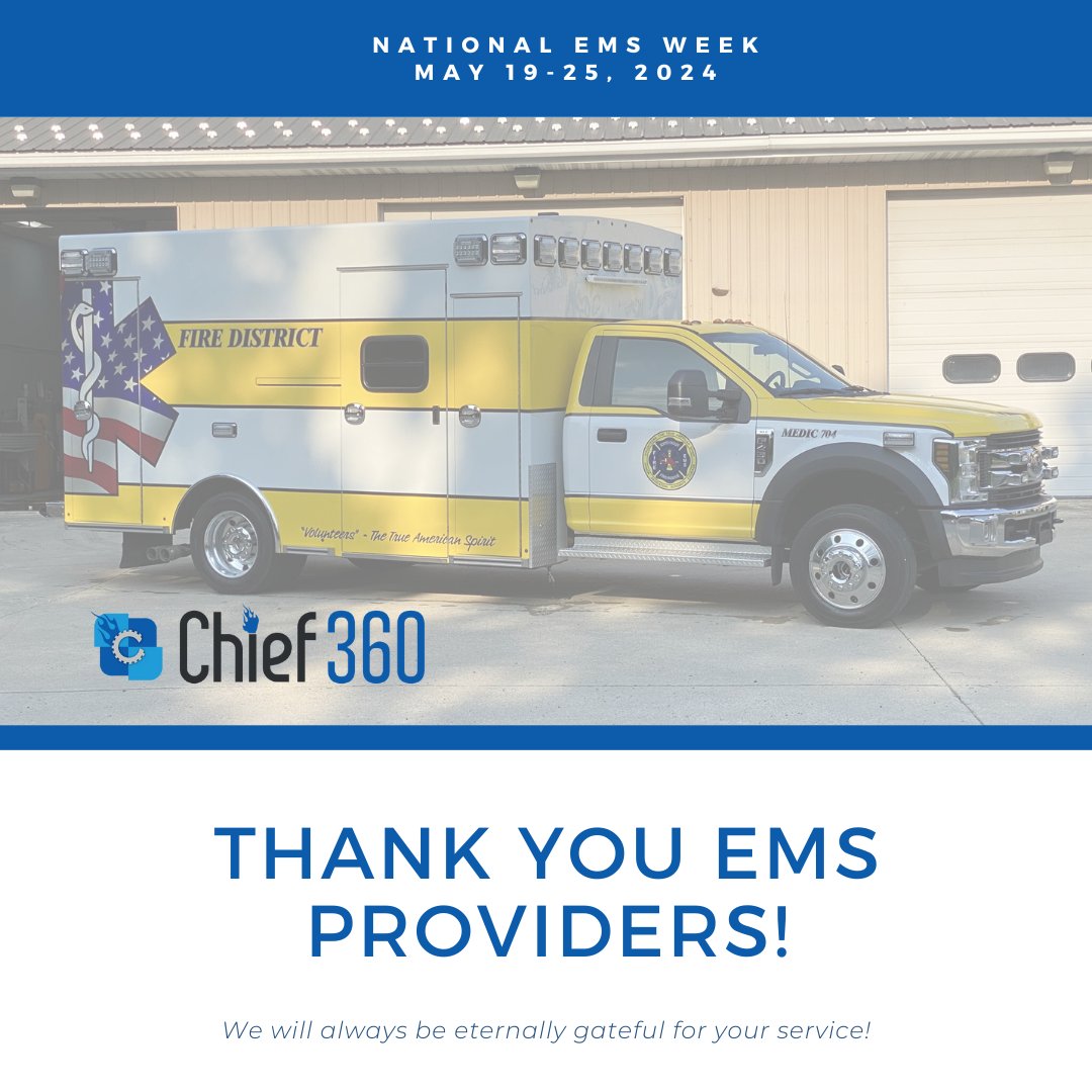 chief360tech's tweet image. Happy #NationalEMSWeek! Thank you to all of the providers who do so much to help those in need.

#EMS #Paramedic #EMT #FirstResponders #Medic @followers  #Fire #StationAlerting #MobileApp #Scheduling #ToneAlert #websites #FirstResponderSolutions