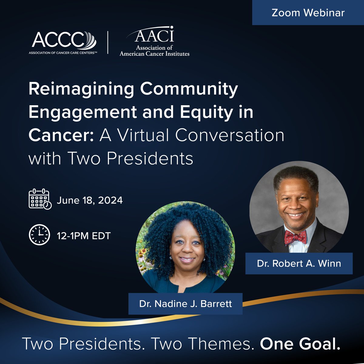 AACI_Cancer's tweet photo. On June 18 at 12:00 pm ET, in advance of #Juneteenth, join @ACCCBuzz President @DrNJBarrett and @AACI_President @DrRobWinn for an empowering discussion about a shared organizational goal to advance #HealthEquity in #CancerCare. Register now: https://t.co/YZBmT5fYu5. #webinar https://t.co/BGkzsz6fTT