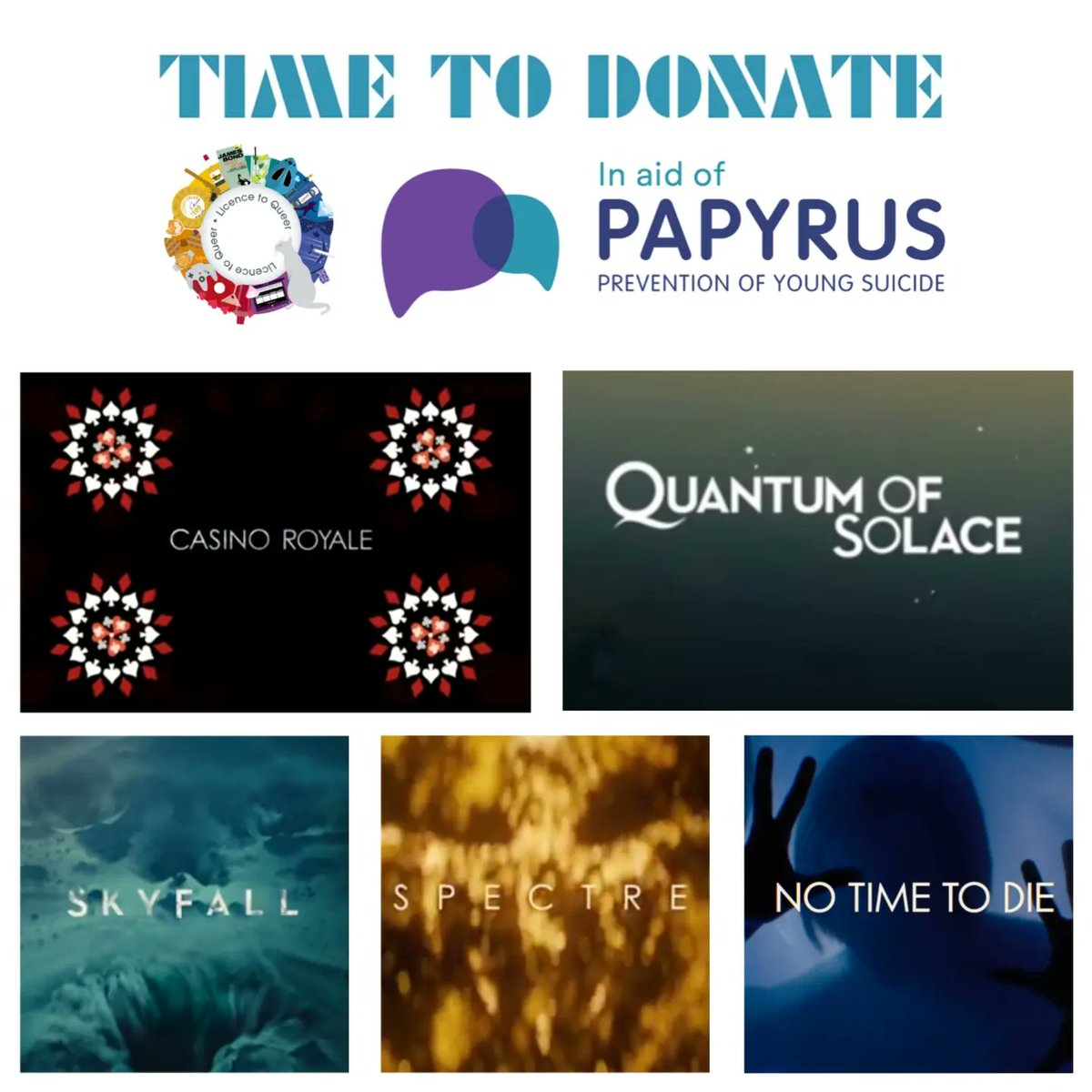 LicenceToQueer's tweet photo. 5 films. 700 minutes. 1 epic movie watchalong raising money for suicide prevention. This Sunday.

We'd love you to join us for some or all of it!
Find out how to get involved:
https://t.co/tEJ5NS0v3b

#TimeToDonate #CasinoRoyale #QuantumofSolace #Skyfall #Spectre #NoTimeToDie https://t.co/lBlrWY5xPi