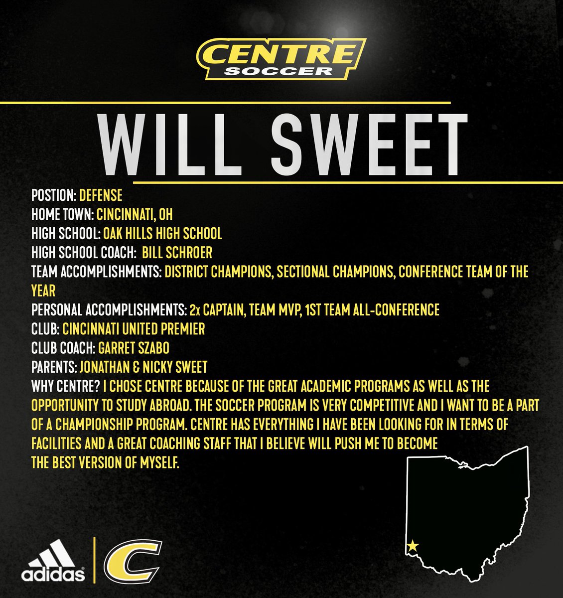 We added a transfer today…please join us in Welcoming Will Sweet to our #CentreSoccer Family! @WillSweet11 @CincyUnitedCUPB