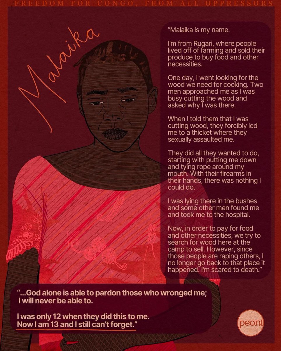 Sexual violence by armed men against displaced women is increasing rapidly in Congo as yearslong conflict continues. On average, 70 rape victims each day visit clinics run by MFS. Here are some stories. Credits to @/peoni for illustrations & @/focuscongo on IG for the stories 1/2