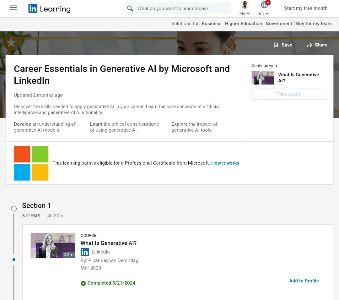 🎉 Cheers to completing the first module of the 'Career Essentials in Generative AI' course by @Microsoft and @LI_learning with @3MTTNigeria

Generative AI is revolutionizing creativity by automating tasks. It creates new content (images, text, music), transforming our work.