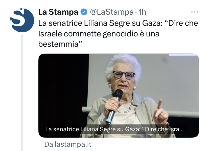 Cara Liliana Segre, bestemmia è il tuo sostegno incondizionato al sionismo, ideologia fascista, nazista, razzista e suprematista su cui regge la pulizia etnica della Palestina messa in atto dalla colonia d’insediamento sionista🇮🇱 che chiami “Israele”. Tu sei una bestemmia 🇵🇸✌🏾