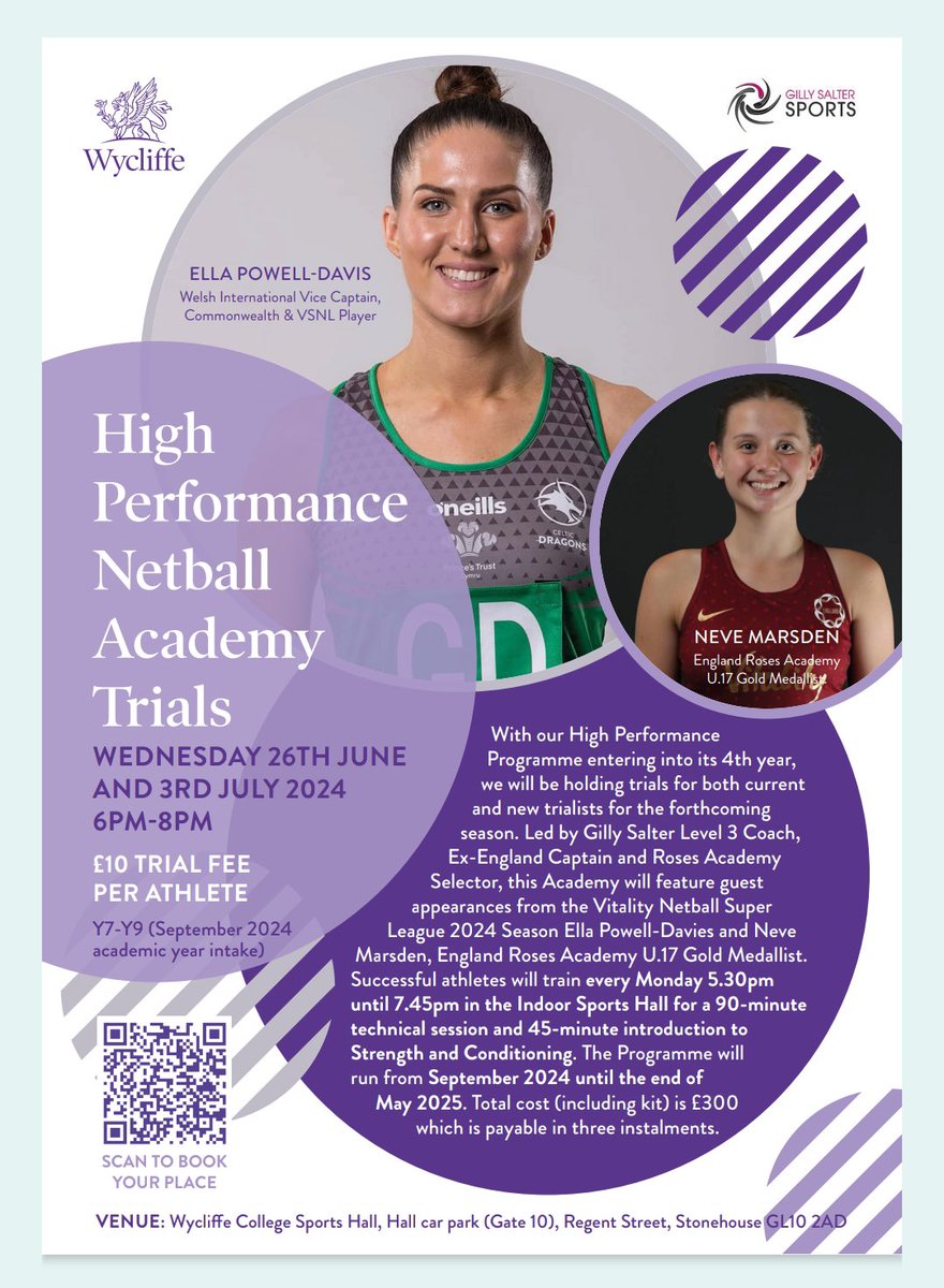 gillysalter's tweet photo. Register now to trial @SportWycliffe HPA netball trials.  From the words of Jane Smith, a parent  ‘Your holistic approach - skills, development, netball mind, education , S&amp;C and more has taken Olivia’s love &amp; passion of the game to another level ‘ . Scan the QR code to enter . https://t.co/1ECItMpKVO