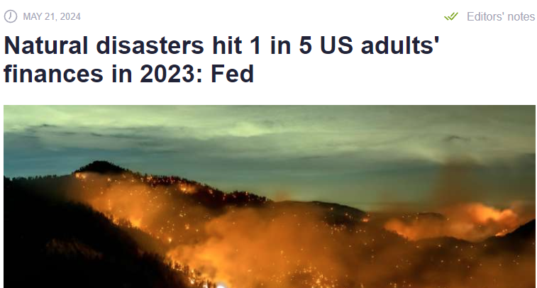 SaraHor76174949's tweet photo. Almost 20 percent of adults in the United States were financially impacted by natural disasters last year, the Federal Reserve said Tuesday, marking a nearly 50-percent rise from 2022.

https://t.co/QbZ7VKMbTv https://t.co/FyoeuWgmIz