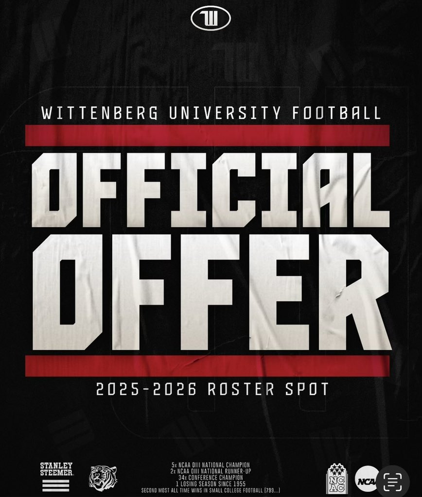 After a great visit! I'm Blessed to receive an offer to play football at Wittenberg University! 
<a href="/CoachGantz/">Andrew Gantz</a> <a href="/coachhendershot/">Josh Hendershot</a> <a href="/JimCollins_FB/">Jim Collins</a> <a href="/JoeNemith3/">CoachJoeNemith3</a>