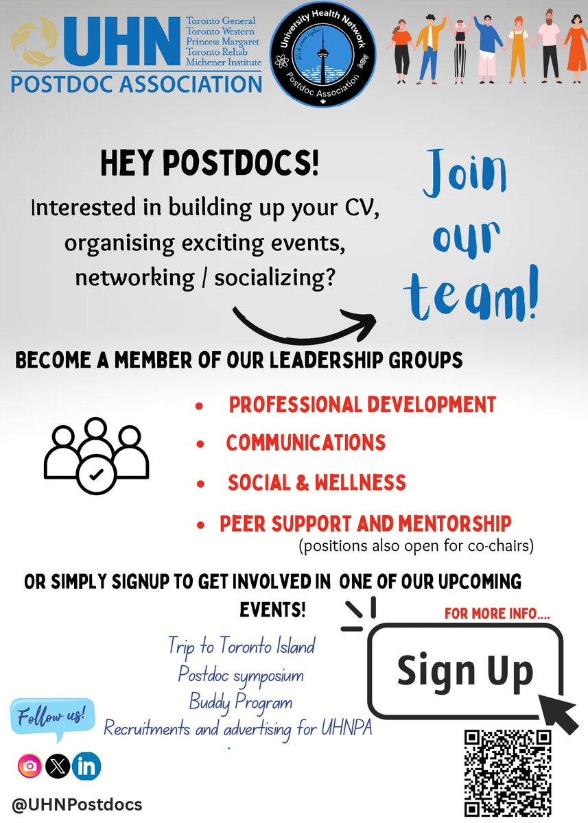 🚨Attention Postdocs! We're excited to announce the launch of our 2024 UHNPA leadership groups recruitment! 🎉 Open to all UHN postdocs! Want to boost your CV, expand professional network, get priority access to events, or be seen on UHNPA social media? join us now! 🤩