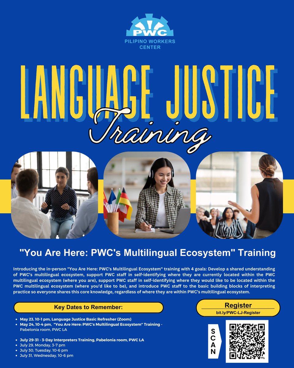 Volunteer Opportunity with PWC! 
Learn to be an Interpreter!
Starts this week on May 23rd! Register now!

Help PWC make all of our programs more equally accessible and respectful of all Pilipino languages!