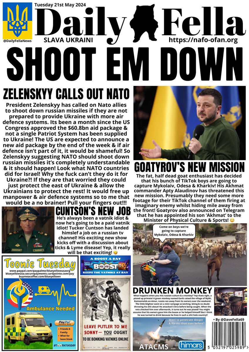 It’s #ToonieTuesday & it’s Daily Fella time. Before you read, please donate to @BlueYellowUKR 
Read about Zelenskyy urging NATO to protect Ukraines skies, Tucker Carlson now works for russia & thanks to @OckersM a drunk monkey!

#DailyFella #DailyFellaNews #SlavaUkraini #NAFO