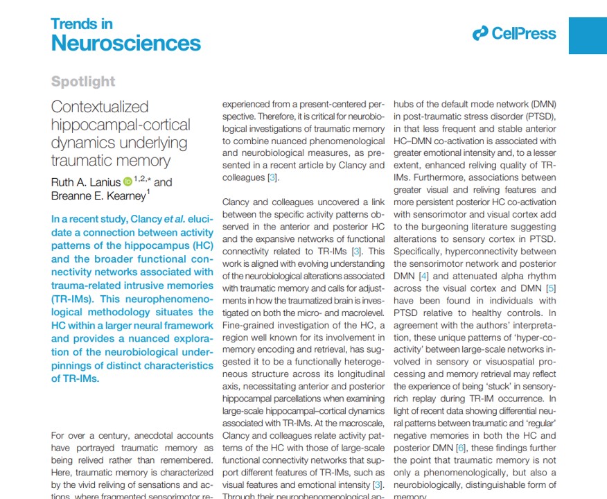 'Contextualized hippocampal-cortical dynamics underlying traumatic memory' @TrendsNeuro 'Spotlight' by @LaniusRuth & Breanne Kearney cell.com/trends/neurosc… discussing Clancy et al. 2024 Molecular Psychiatry, @IRosso group nature.com/articles/s4138…