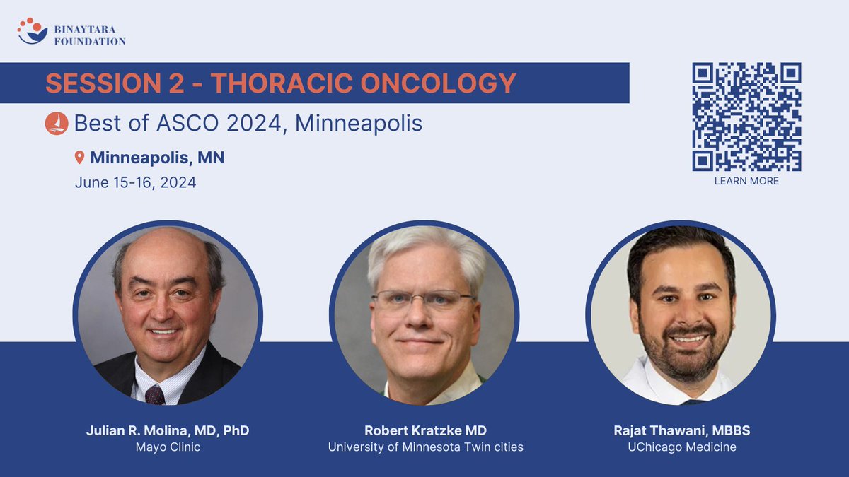 Excited for the Thoracic Oncology session at #BestofASCO24 Minneapolis ft Dr. Julian Molina (@MayoClinic), Dr. Robert Kratzke (@umnmedschool), & @rajatthawani (@UChicagoHemOnc)! 🗓️ June 15-16, 2024 📍 The Royal Sonesta Minneapolis Downtown ➡️ education.binayfoundation.org/content/best-a… #CME #ASCO