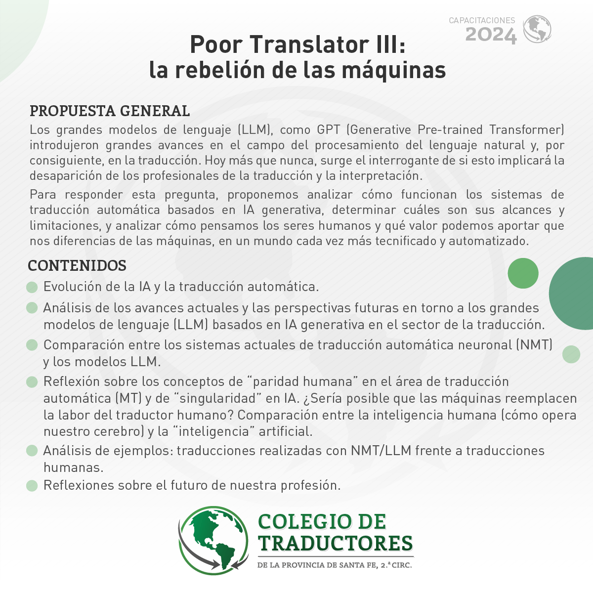 🟢 ¡Nueva charla: «Poor Translator III: la rebelión de las máquinas»! 🤖💻

Se desarrollará con modalidad a distancia y estará a cargo del Trad. Germán Garis.

✍️ Link de inscripción: bit.ly/Charla_PoorTra…

¡Los esperamos! 😄