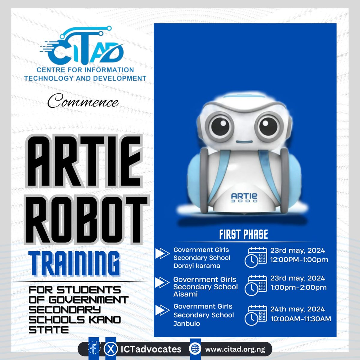 On Thursday 23 May, 2024, @ICTAdvocates is launching #Artie #Robot and coding training for young girls students in Kano state! Exciting times ahead for tech education and innovation. #TechEducation #CodingForKids #KanoState @IsahAzare2 @YZYau @Zainab_SUM