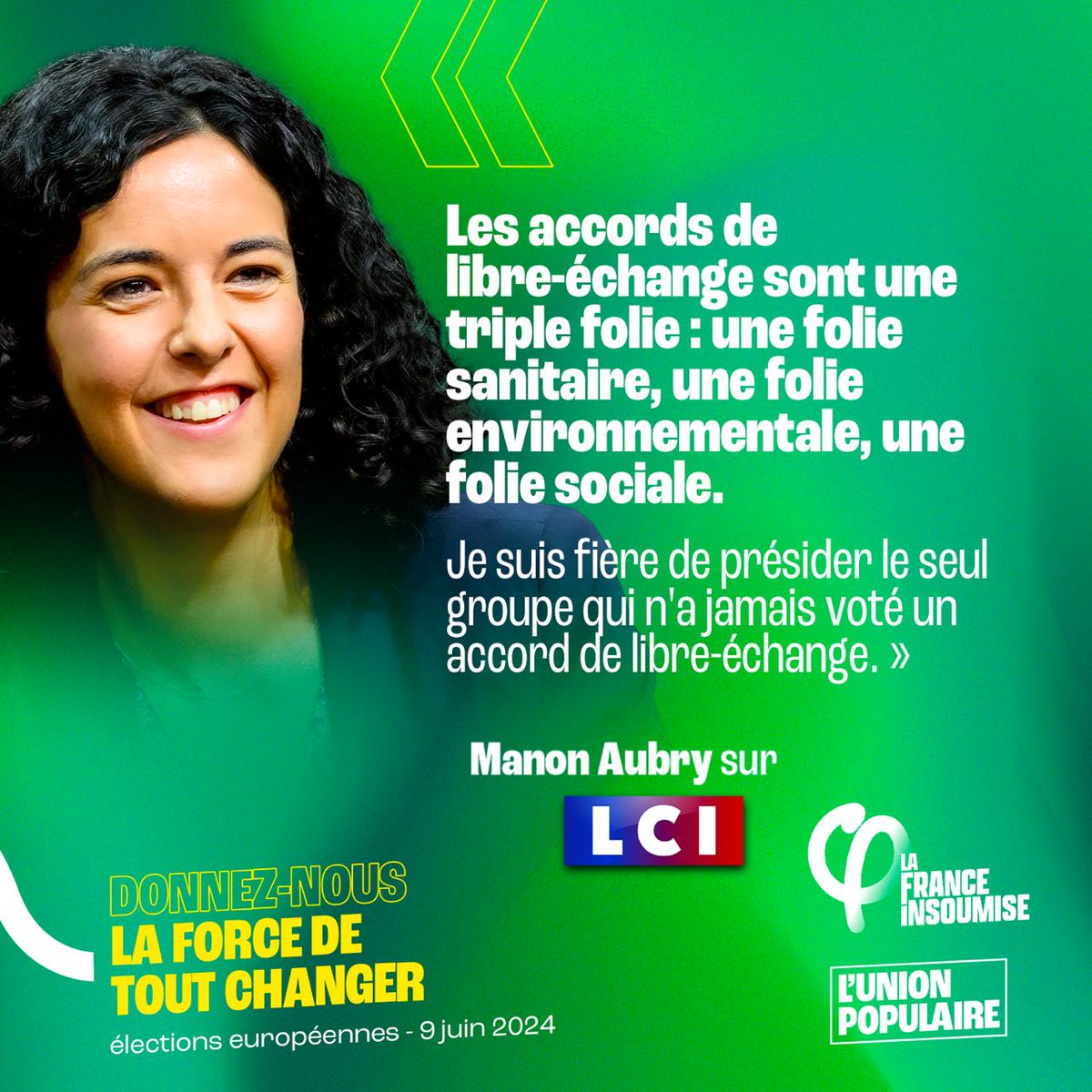 « Les accords de libre-échange sont une triple folie : une folie sanitaire, une folie environnementale, une folie sociale. Je suis fière de présider le seul groupe qui n'a jamais voté un accord de libre-échange. » @ManonAubryFR en direct sur #LCI #LaGrandeConfrontation