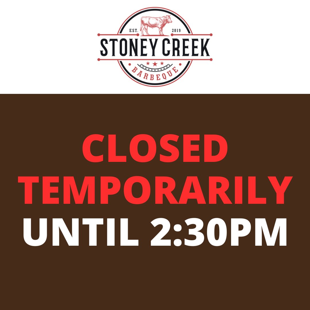 Due to maintenance, we will be closed temporarily until 2:30pm. We apologize for any inconvenience, and thank you for your understanding. #StoneyCreek #StoneyCreekBBQ #StoneyCreekBarBeQue #Stoney #Creek #BBQ #Porterville