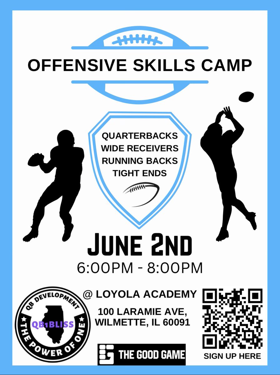 Sign Up Today For Our Camp At Loyola Academy On Sunday June 2nd At 6pm On The Turf. SIGN UP USING THE QR CODE OR LINK. forms.gle/uDy5kUx6r8jFYL… #GetBetter #thepowerofone