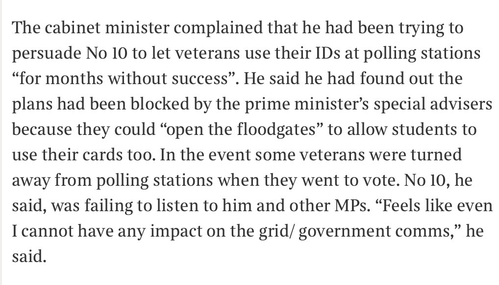 Rishi Sunak’s team blocked proposals to allow veterans to use their veteran IDs to vote because it would “open the floodgates” to students being able to use their ID cards too. Perish the thought that students should be allowed to vote thetimes.co.uk/article/025309…