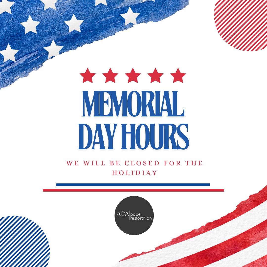 We will be closed Saturday, May 25th, through Monday, May 27th in observance of Memorial Day.

We will be returning Tuesday, May 28th. 

#ACAPaper #ACAPaperRestoration #ArtRestoration #DevonPA #ChescoPA #MemorialDay #MemorialDayHours
