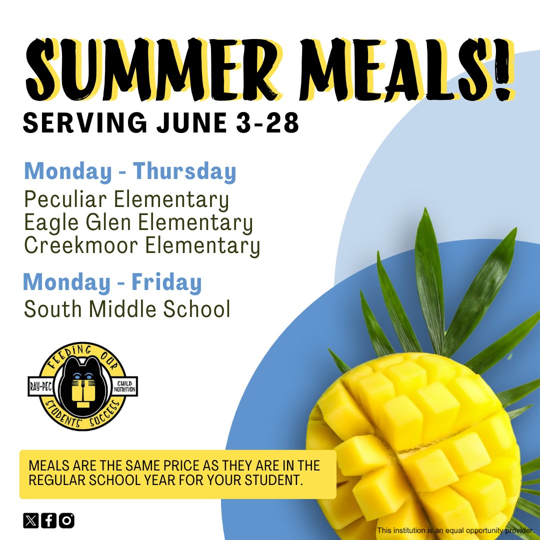It’s time to turn up the heat this summer with delicious school meals! 🔥Don’t forget, these meals are available to all children and teens 18 and under. We hope to see you there! @RayPec #RaymorePeculiarMO #RaymorePeculiarMissouri #RaymorePeculiar #MOschools #CassCounty