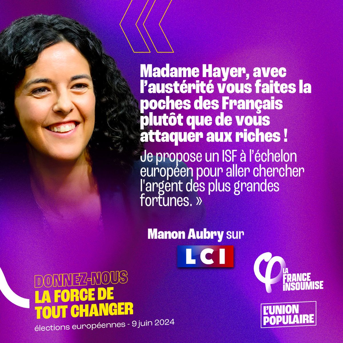 « Madame Hayer, avec l’austérité vous faites la poches des Français plutôt que de vous attaquer aux riches ! Je propose un ISF à l’échelon européen pour aller chercher l'argent des plus grandes fortunes » @ManonAubryFR en direct sur #LCI #LaGrandeConfrontation #AvecManon