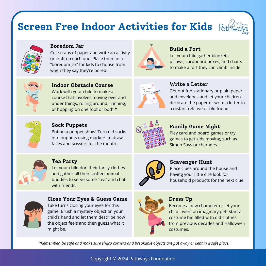 Trade in those screens for these 11 fun indoor activities for kids! Check out the blog here: bit.ly/3yyoaLP #screenfree #screentime #kidsactivities #parenting #indooractivities #playmatters