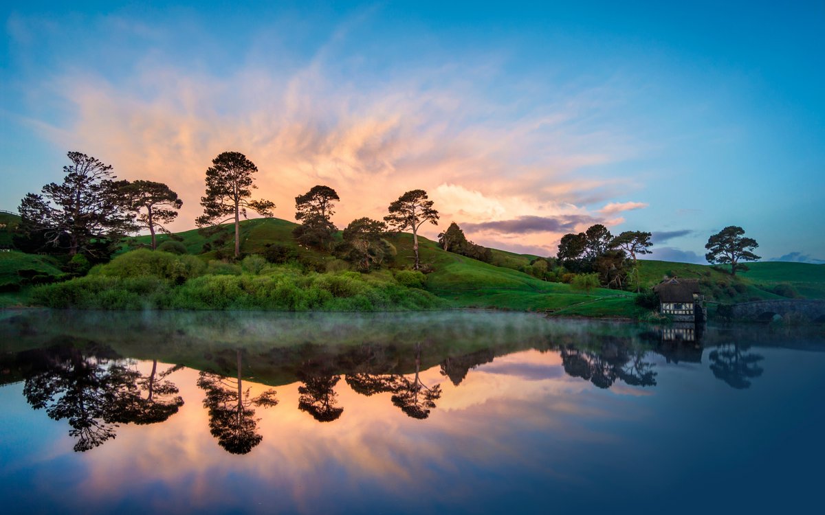 Alluring sunset over the village of Hobbiton. New Zealand. NMP.