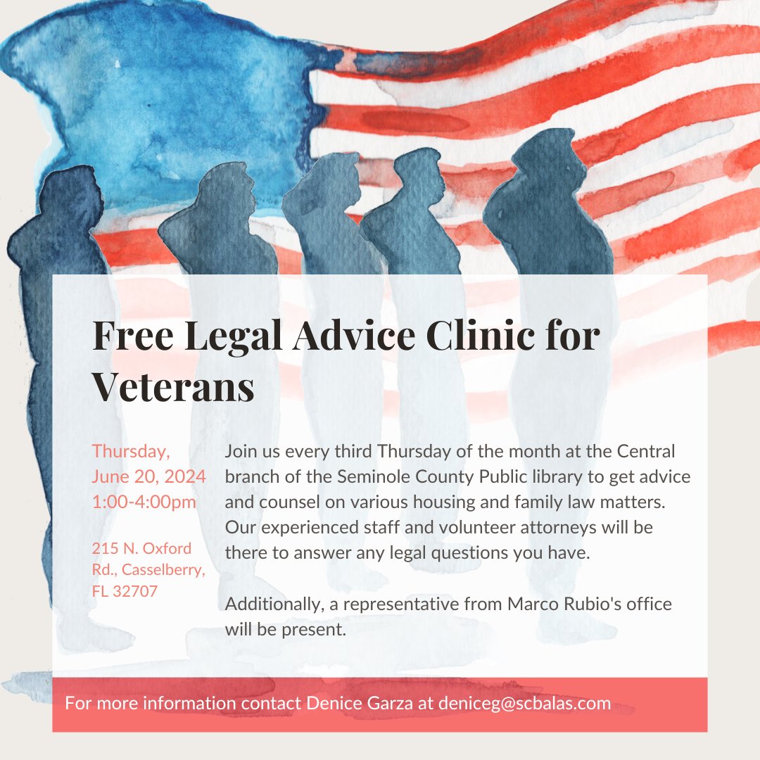 Reminder: The Free Veterans Legal Advice Clinic at the Casselberry Library is tomorrow! Don't miss out on expert legal advice. See you there! #Veterans #LegalAid #tomorrow #FreeLegalAid #FreeLegalAdvice