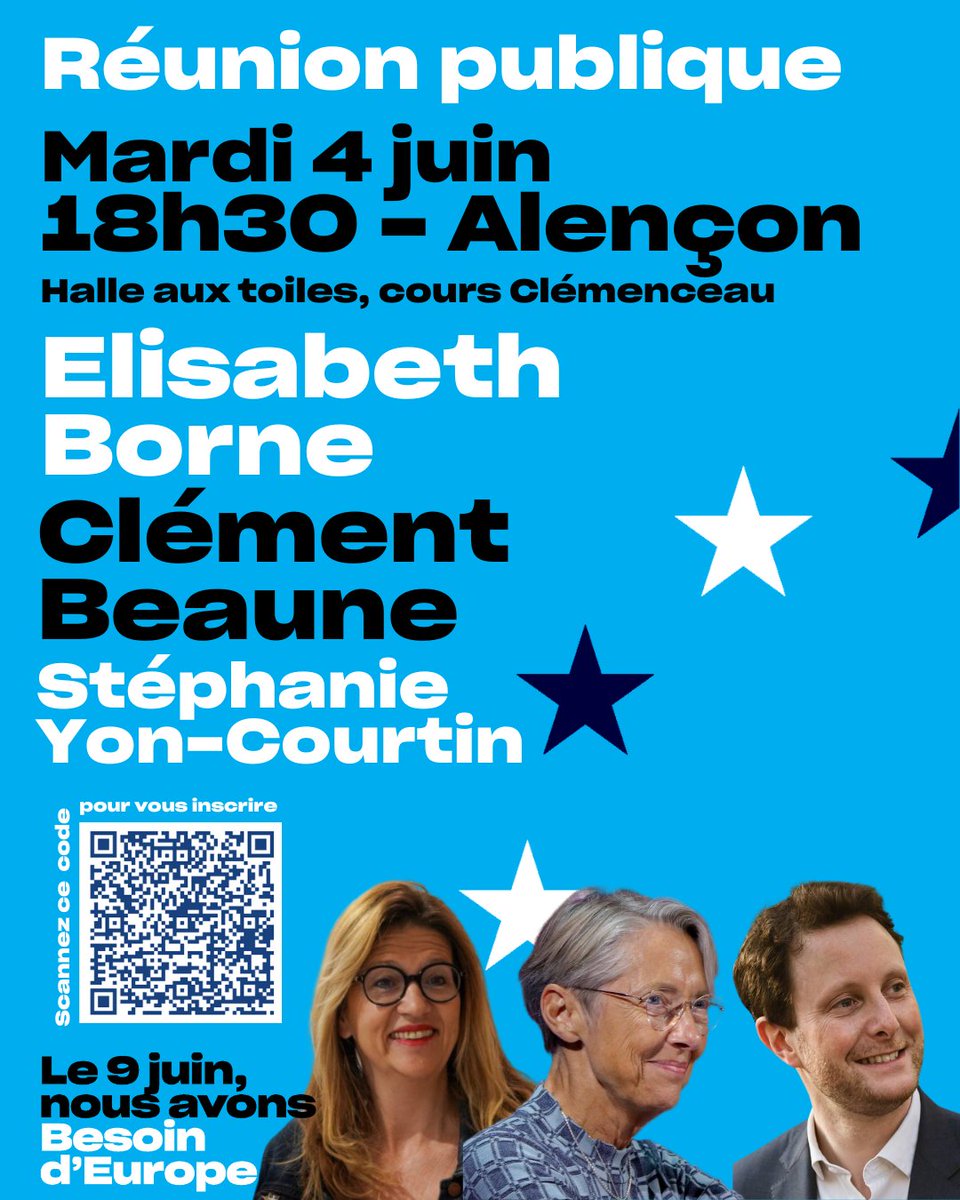 🇫🇷🇪🇺 Nous avons l’honneur de recevoir <a href="/Elisabeth_Borne/">Élisabeth BORNE</a>, <a href="/CBeaune/">Clément Beaune</a> et <a href="/s_yoncourtin/">Stéphanie Yon-Courtin</a>
 à Alençon, à 18h30 le mardi 4 juin pour une réunion publique @BesoindEurope ! 
Inscriptions : docs.google.com/forms/d/e/1FAI…
Informations : orne@parti-renaissance.fr