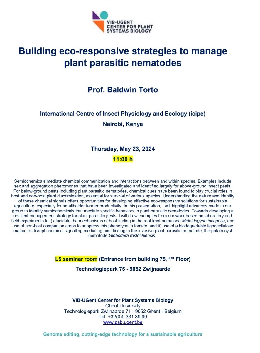 Prof. Baldwyn Torto will highlight advances made in identifying semiochemicals that mediate specific behaviors in plant parasitic nematodes and developing a resilient nematodes management strategy #ipbo #biotechnologyoutreach <a href="/icipe/">icipe</a> <a href="/NemAfrica/">NemAfrica</a>.