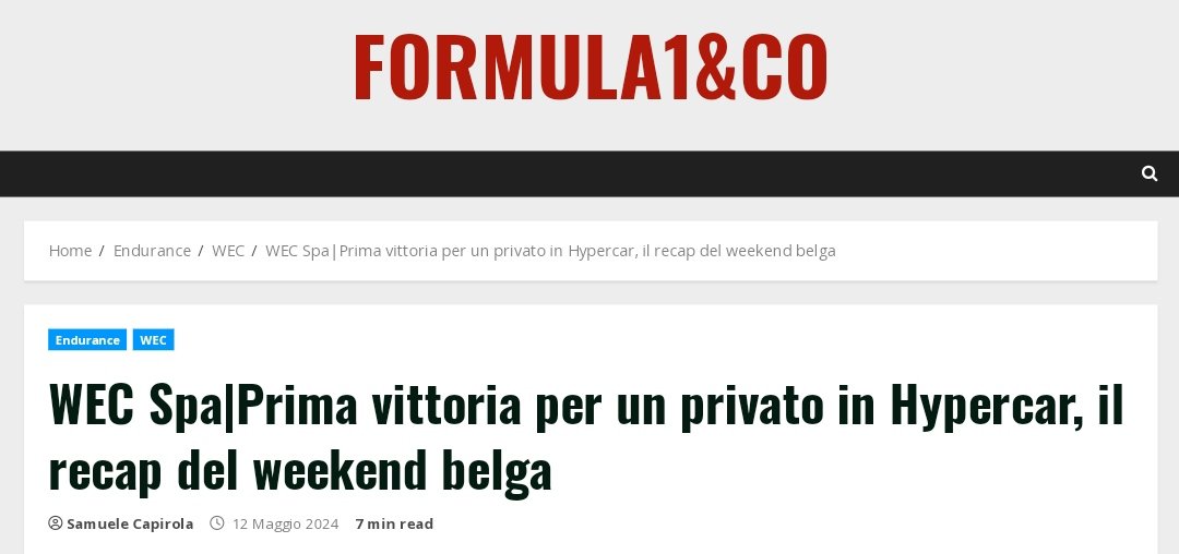 Ciao amicə non sarà un articolo come quello di firme importanti all'interno del Motorsport ma mi ci sono impegnato tantissimo ed è l'articolo di cui vado più fiero. (So di avere ancora tanto da migliorare) Spero vi faccia piacere leggerlo (il link è sotto) #Spa6h #WEC #Endurance