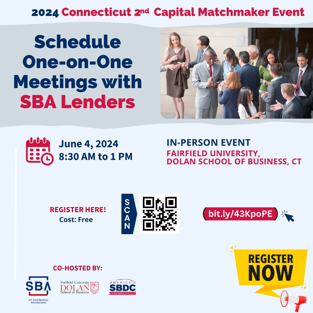 LAST CALL! 2024 Connecticut 2nd Capital Matchmaker Event JUNE 4! Meet CT #SBA Lenders 1-on-1 to pitch your financing needs in 10-minute sessions! Register now: ctsbdc.ecenterdirect.com/events/75340910 Co-hosted by: @SBA_Connecticut @ctsbdc @fairfieldu