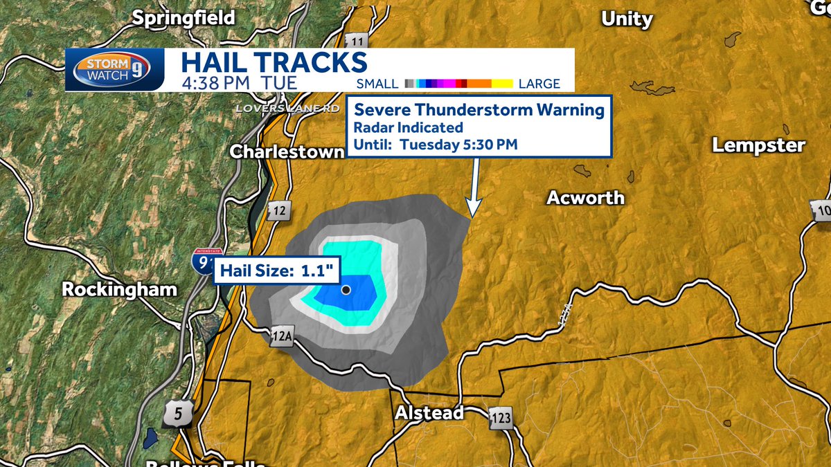 The strongest part of this cell is sitting just north of Alstead. Radar indicating quarter size hail possible just north of Route 12A. #NHwx @WMUR9