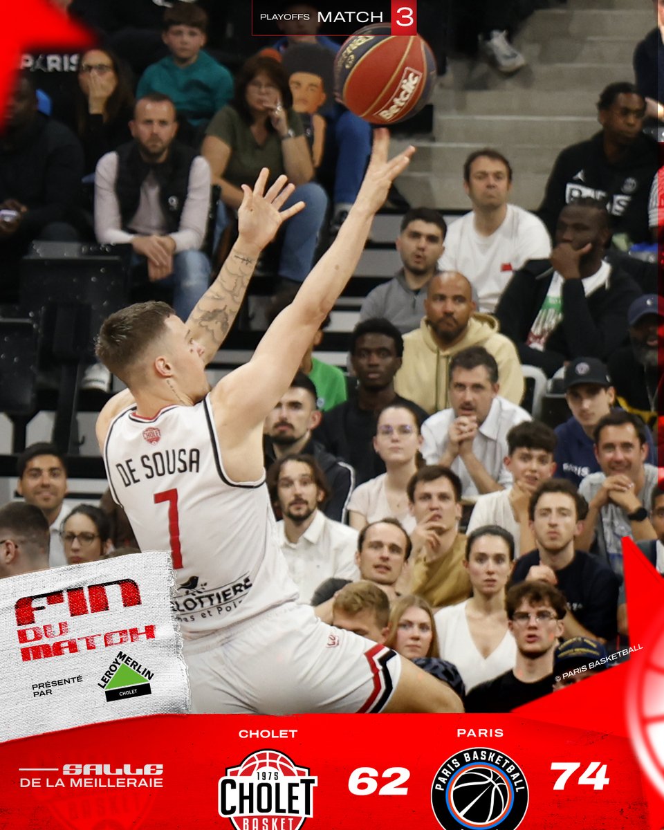 CB_officiel's tweet photo. CB n'aura rien lâché dans le match 3 des quarts de finale de playoffs mais Paris s'impose 74-62 à domicile.

Ainsi s'achève la belle saison de nos Choletais, qui après un beau parcours en Coupe d'Europe, se seront qualifiés pour les playoffs et sortent avec les honneurs après avoir fait douter le Paris Basketball.

Un grand merci à tout le staff et à tous les joueurs pour toutes ces émotions vécues tout au long de la saison !

Rendez-vous pour la saison 2024/25 !

#PBBCB #CBFAMILY #BetclicElite @LNBofficiel
