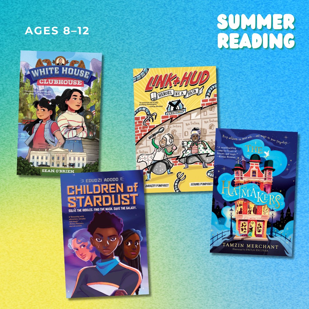 <a href="/JasharAwan/">Jashar Awan</a> <a href="/ianlendler/">ianlendler</a> <a href="/Katie_Yamasaki/">Katie yamasaki</a> For middle graders:
🌳 WHITE HOUSE CLUBHOUSE by <a href="/SeanOBrienBooks/">Sean O'Brien</a> 
🧻 LINK + HUD: HEROES BY A HAIR by <a href="/jpumphrey/">Jarrett Pumphrey</a> and <a href="/wjpumphrey/">Jerome Pumphrey</a> 
🚀 CHILDREN OF STARDUST by <a href="/edudzi_adodo/">edudzi Adodo</a> 
🎩 THE HATMAKERS by <a href="/tamzinmerchant/">Tamzin Merchant *isn't on social media very much*</a>