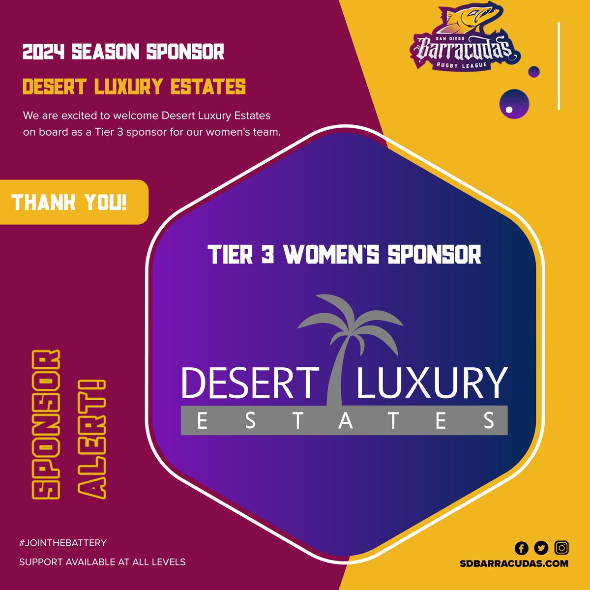 SD_Barracudas's tweet photo. 📢 SPONSOR ANNOUNCEMENT 📢
We are excited to announce a brand new sponsor for 2024, the beautiful homes at Desert Luxury Estates. Welcome to the Cuda family, go check them out!
#CudaFamily #cudasmakingwaves #rugbyleague https://t.co/V1qXkuOHrU