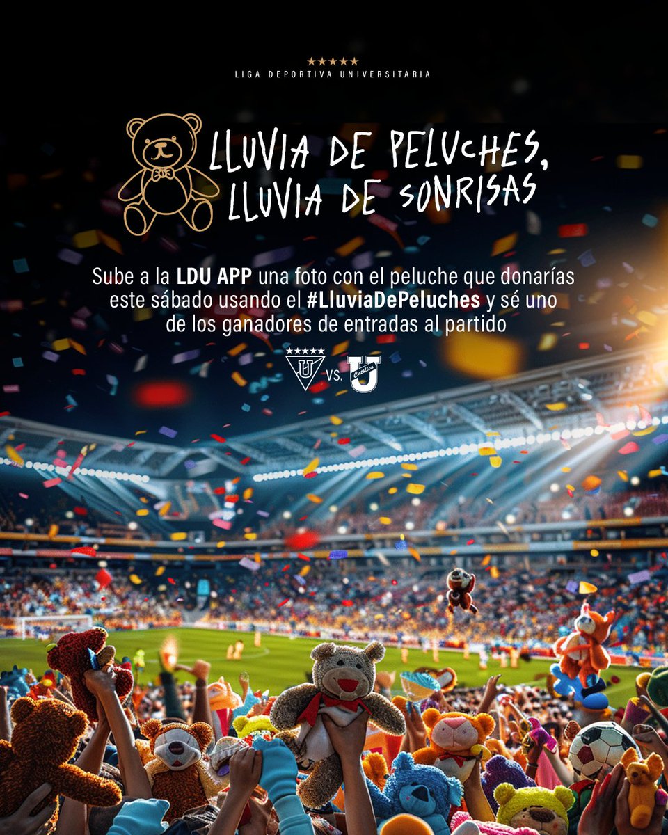 🎟️Participa por entradas al partido LIGA vs. Universidad Católica 🧸 ¡Te esperamos este sábado en #ElMejorLugarDelMundo! 🔴⚪ #LluviaDePeluches #DesdegUambra
