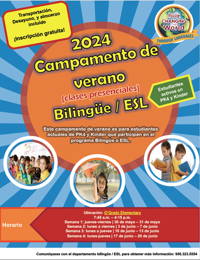 The Mission CISD Bilingual Department is gearing up to launch their 2024 Bilingual/ESL Summer Camp starting on May 30th for current Pre-Kindergarten 4 (PK4) and Kindergarten students! ☀️ Reach out to our Bilingual/ESL Department at 956-323-5554 for all the details!📞