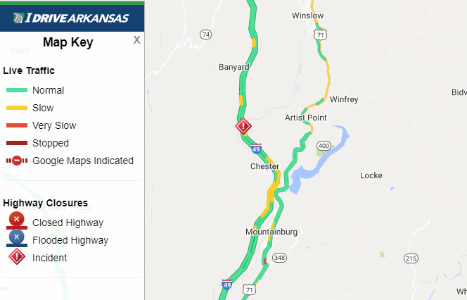 Crawford Co: (UPDATE) I-49 NB right lane remains blocked at Mile Marker 37 (Mountainburg) due to an accident. Monitor IDriveArkansas.com for the latest information. #artraffic #nwatraffic