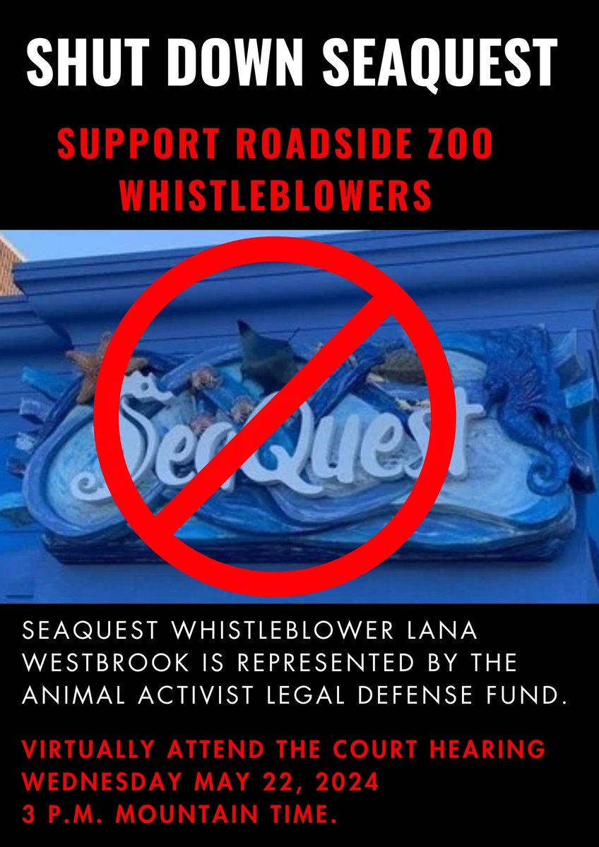 WHAT: Oral arguments in a motion to dismiss a lawsuit filed by SeaQuest against a former employee, SeaQuest Holdings, LLC v. LaWanda Westbrook

WHEN: Wednesday, May 22, 2024, 3:00 PM Mountain 

WHERE:
Via Webex adacounty.webex.com/meet/smarkle
Access code: 808 811 349
<a href="/AALDP_DU/">Animal Activist Legal Defense Project</a> #seaquest