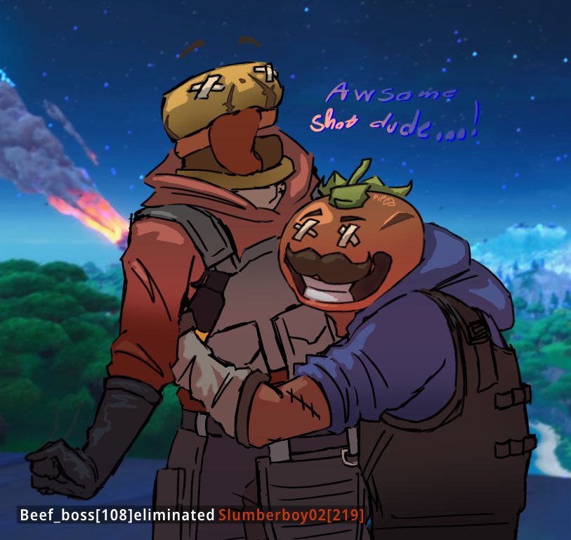I forgot to post on here so often lol, but here’s a ( kinda old ) drawing I did of HotHouse(#tomatohead ) and GutBomb(#beefboss) 🍅🙏🍔

[#fortnite #FortniteFanArt #seasonx]